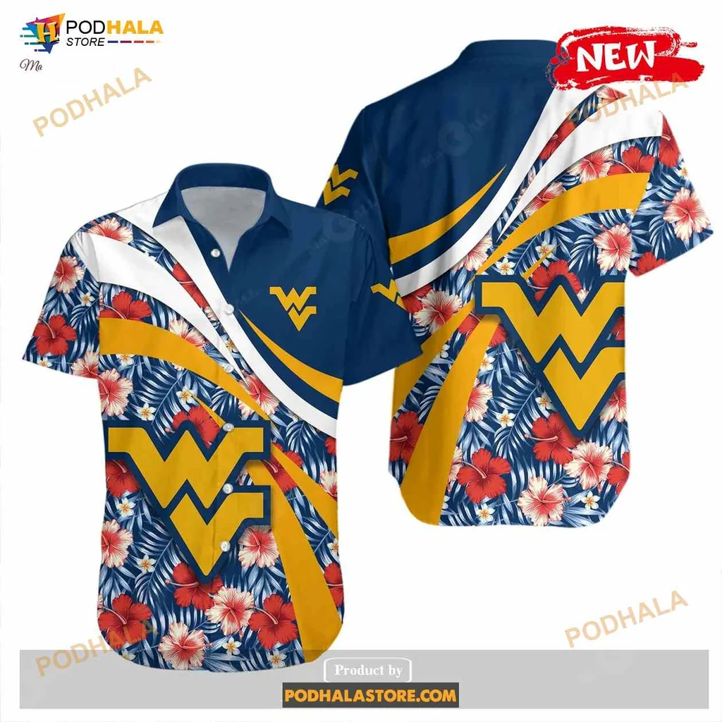 West Virginia Mountaineers Aloha Shirt With Hibiscus Flowers West Virginia Mountaineers Aloha Shirt With Hibiscus Flowers