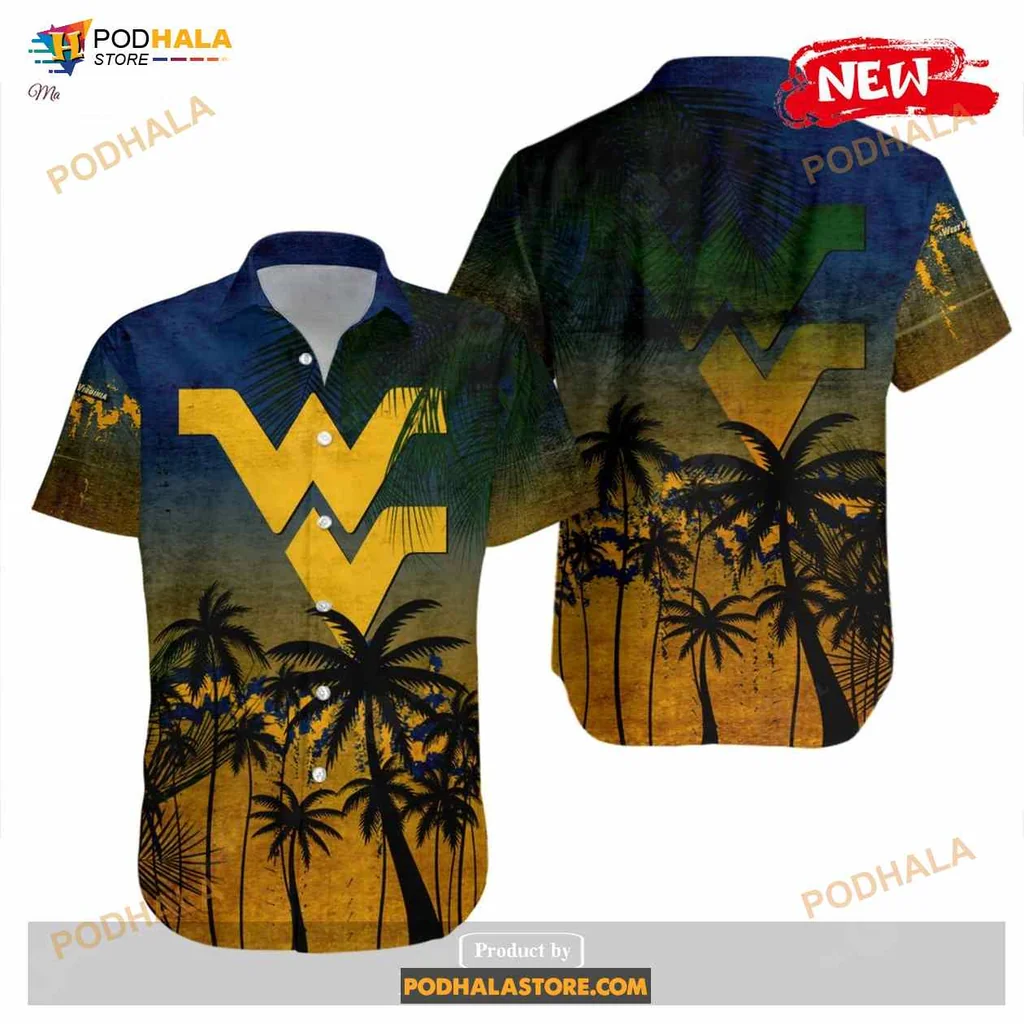 West Virginia Mountaineers Aloha Shirt With Tropical Palm Tree Design West Virginia Mountaineers Aloha Shirt With Tropical Palm Tree Design