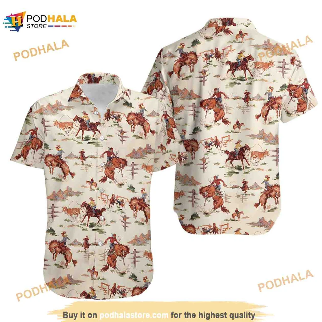 Western Cowboy Hawaiian Shirt Featuring Vintage Ranch Illustrations