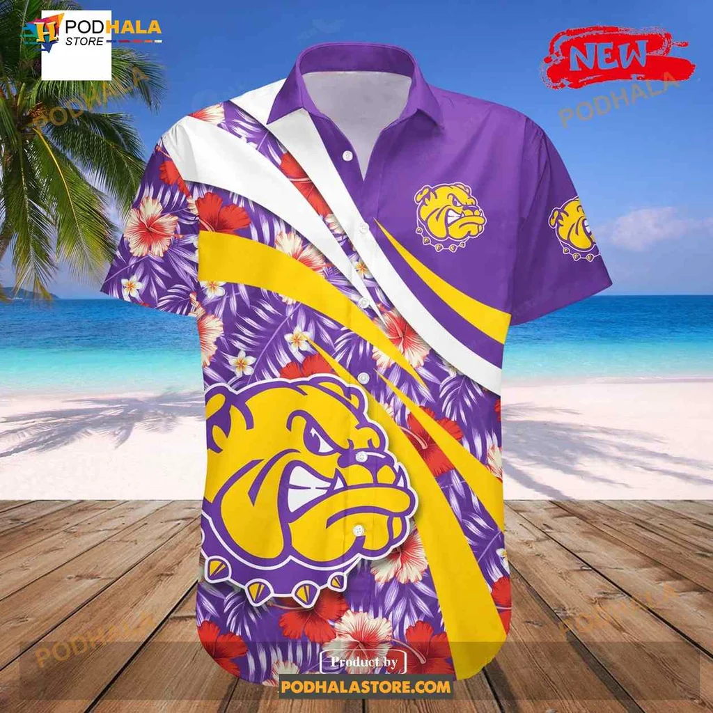 Western Illinois Bulldog Aloha Shirt With Hibiscus Floral Design Western Illinois Bulldog Aloha Shirt With Hibiscus Floral Design
