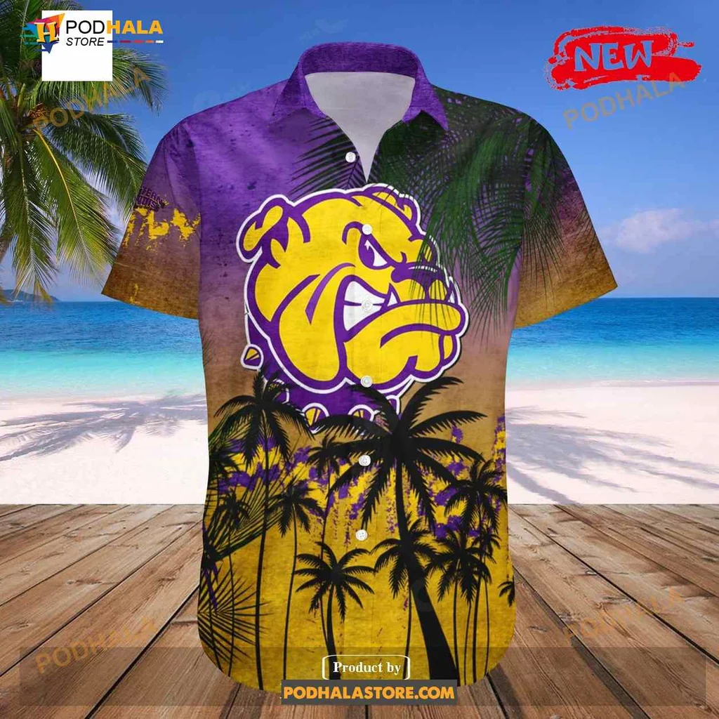 Western Illinois Bulldog Hawaiian Shirt With Tropical Sunset Design