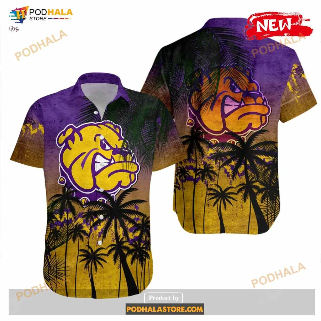 Western Illinois Bulldog Aloha Shirt With Tropical Sunset Design Western Illinois Bulldog Aloha Shirt With Tropical Sunset Design