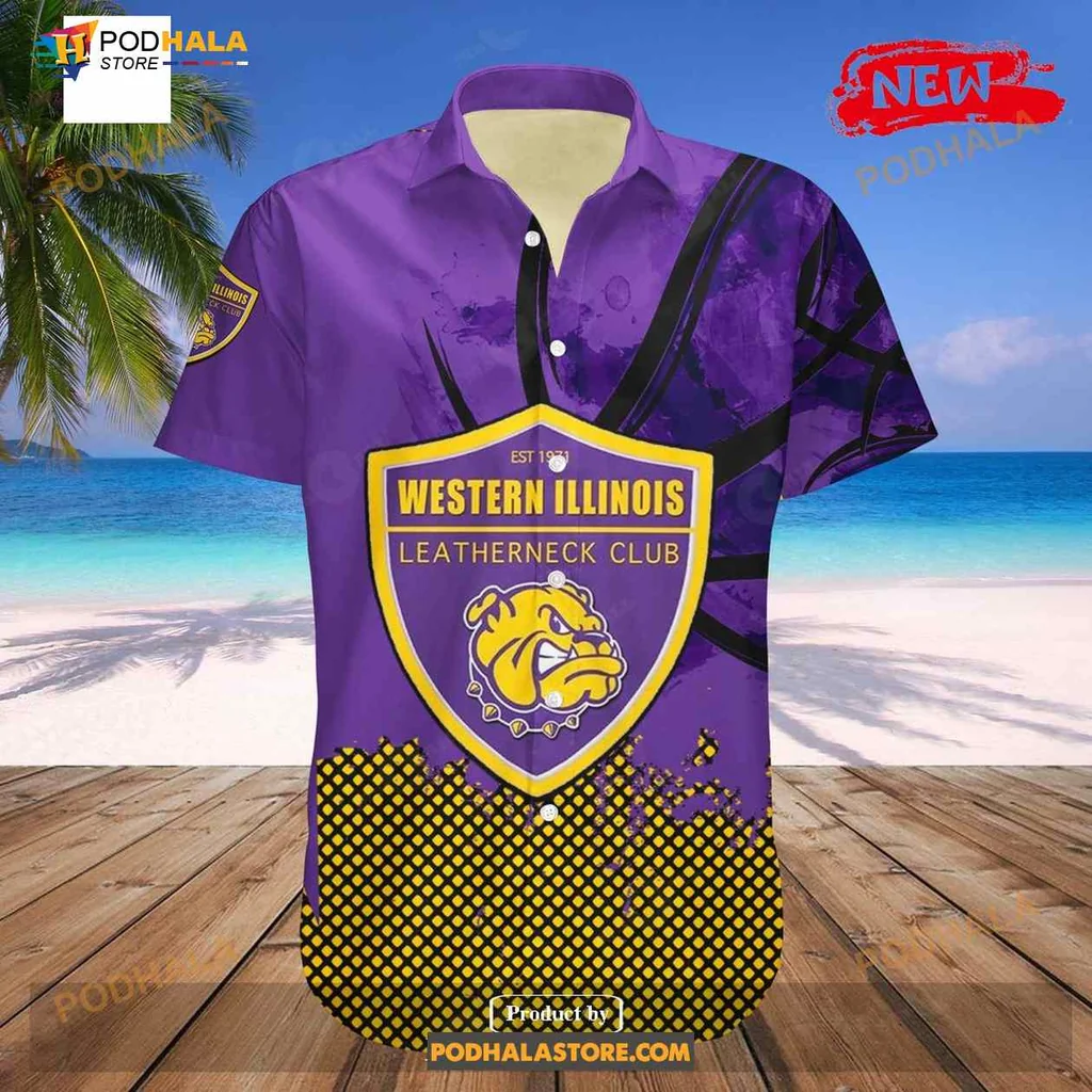 Western Illinois Leathernecks Hawaiian Shirt With Grunge Pattern And Bulldog Emblem