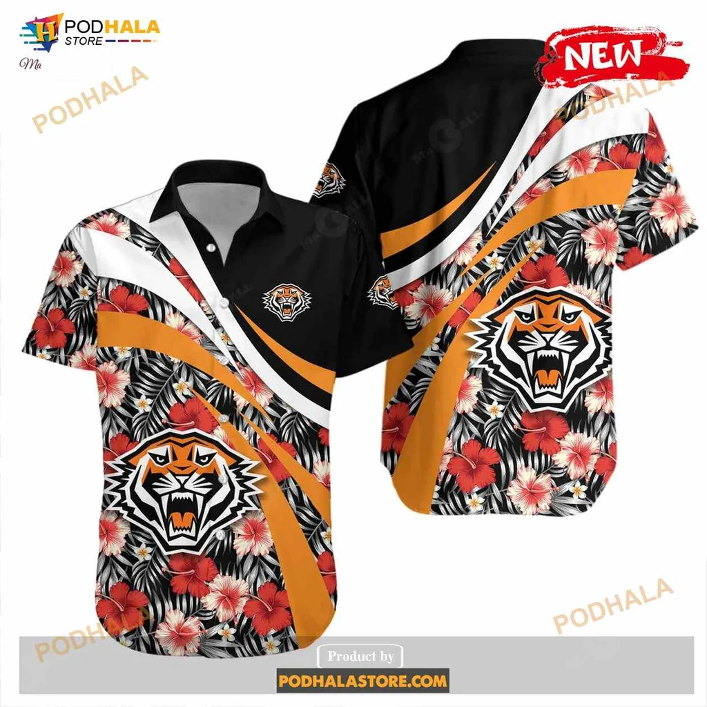 Wests Tigers Hawaiian Shirt Featuring Bold Tiger Face And Hibiscus Flowers