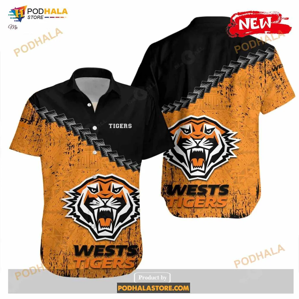 Wests Tigers Hawaiian Shirt With Bold Tiger Graphic And Grunge Design
