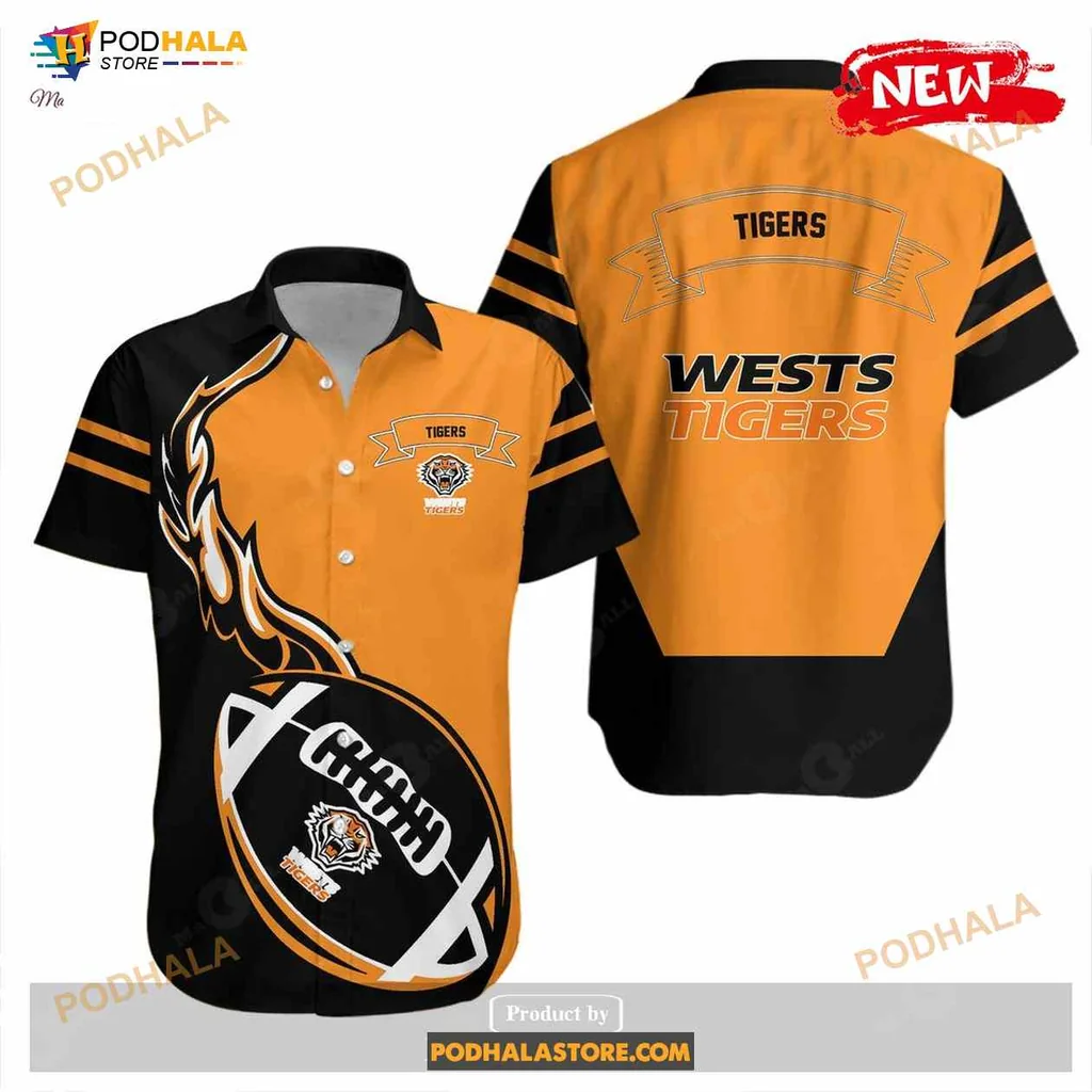 Wests Tigers Hawaiian Shirt With Flame Graphic And Football Design