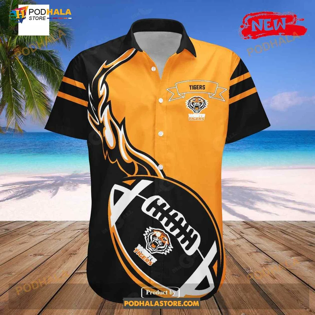 Wests Tigers Aloha Shirt With Flame Graphic And Football Design Wests Tigers Aloha Shirt With Flame Graphic And Football Design