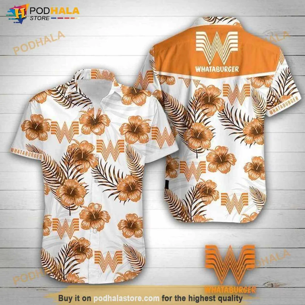 Whataburger Tropical Hawaiian Shirt With Hibiscus Flowers And Palm Leaves