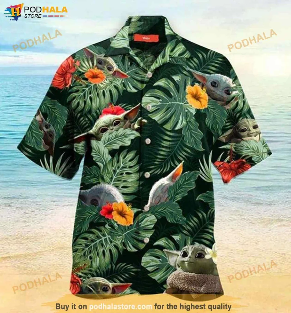 Whimsical Baby Yoda Hawaiian Shirt, Vibrant Floral Pattern With Grogu And Tropical Leaves