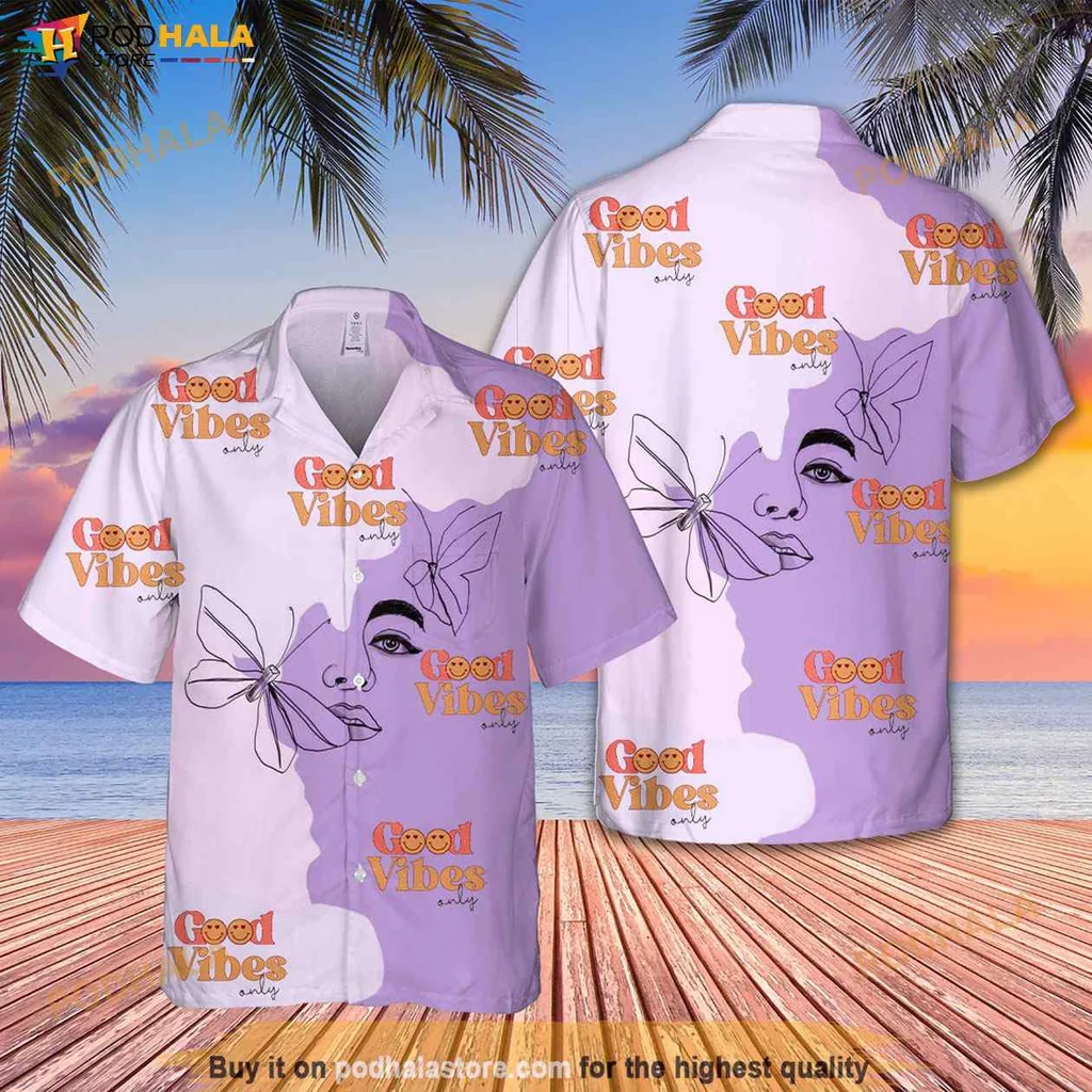 Whimsical Butterfly Cool Vibes Hawaiian Shirt, Fun Purple Beach Summer Tee