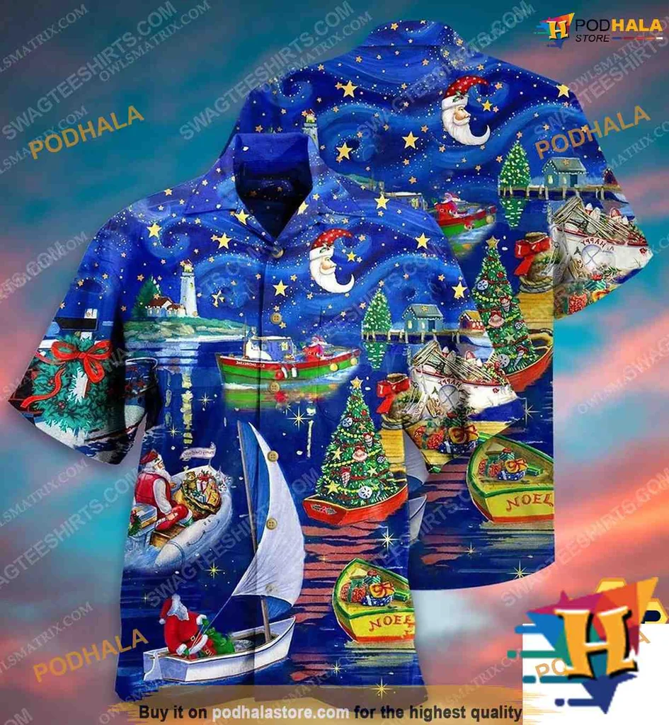 Whimsical Christmas Boats Hawaiian Shirt With Santa And Lighthouse Design