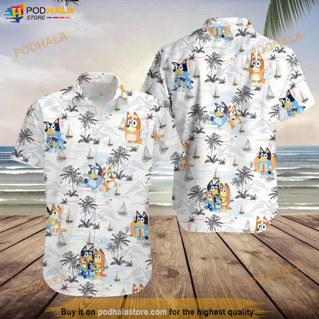 Whimsical Dog Character Hawaiian Shirt, Bluey Beach Summer Shirt For Kids And Adults
