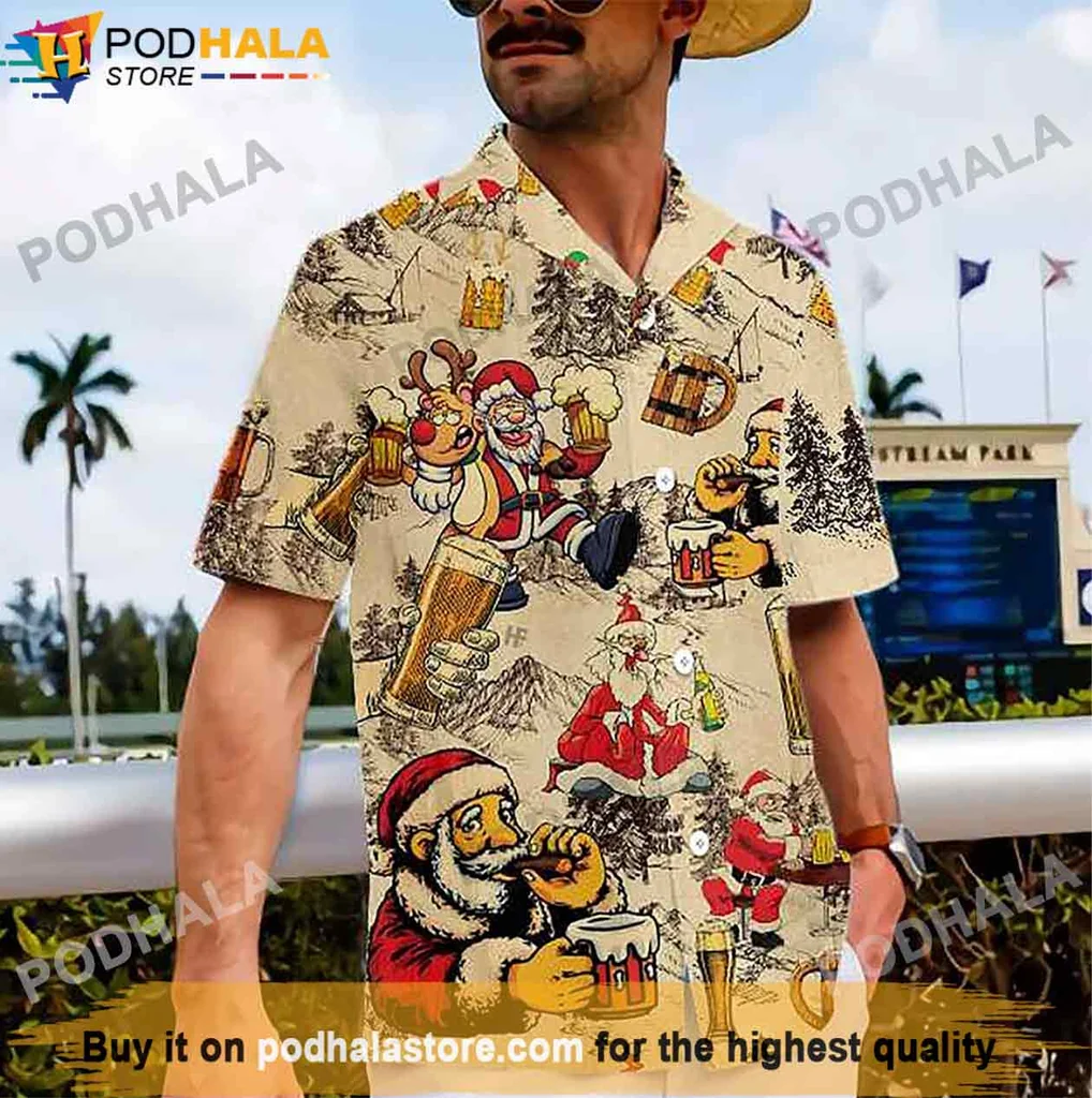 Whimsical Santa Beer Hawaiian Shirt, Festive Christmas Gift For Beer Lovers