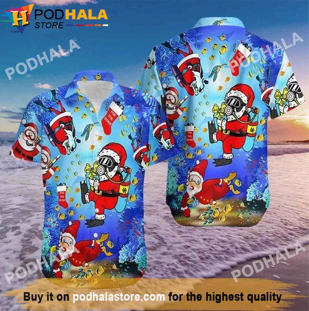 Whimsical Scuba Santa Hawaiian Shirt, Festive Christmas Gift With Vibrant Design