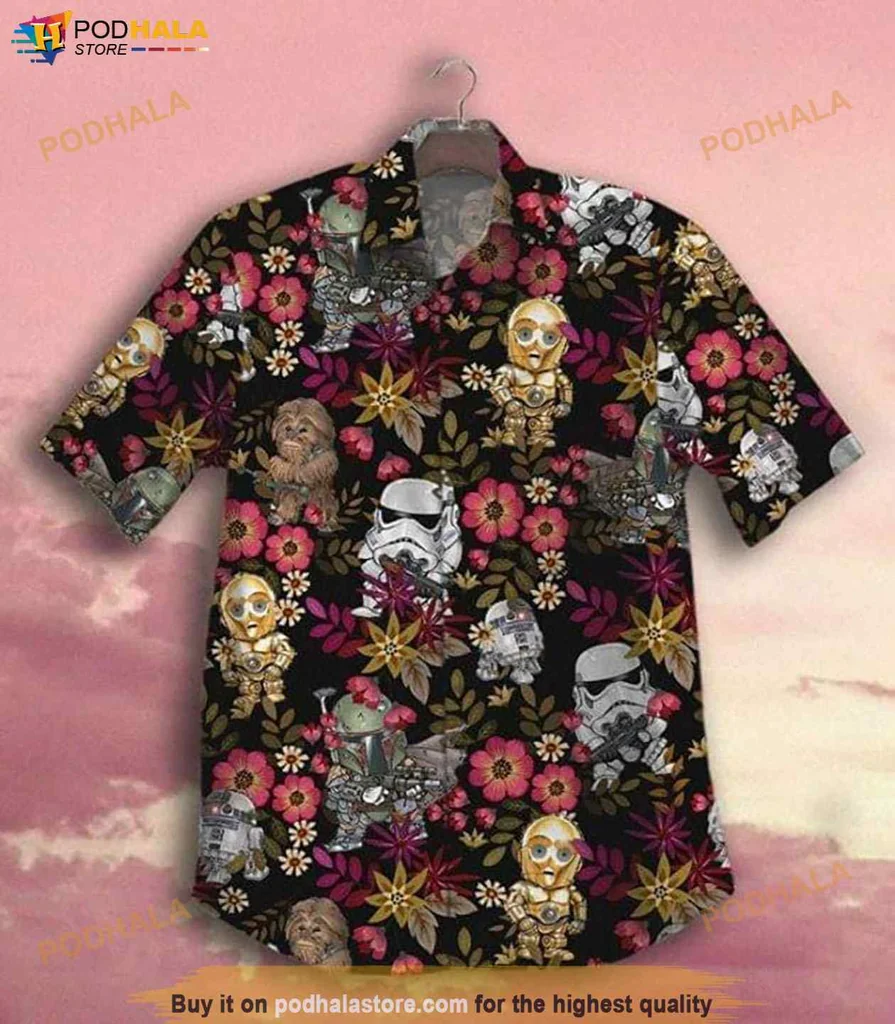 Whimsical Stormtrooper Hawaiian Shirt, Tropical Floral Design For Star Wars Fans