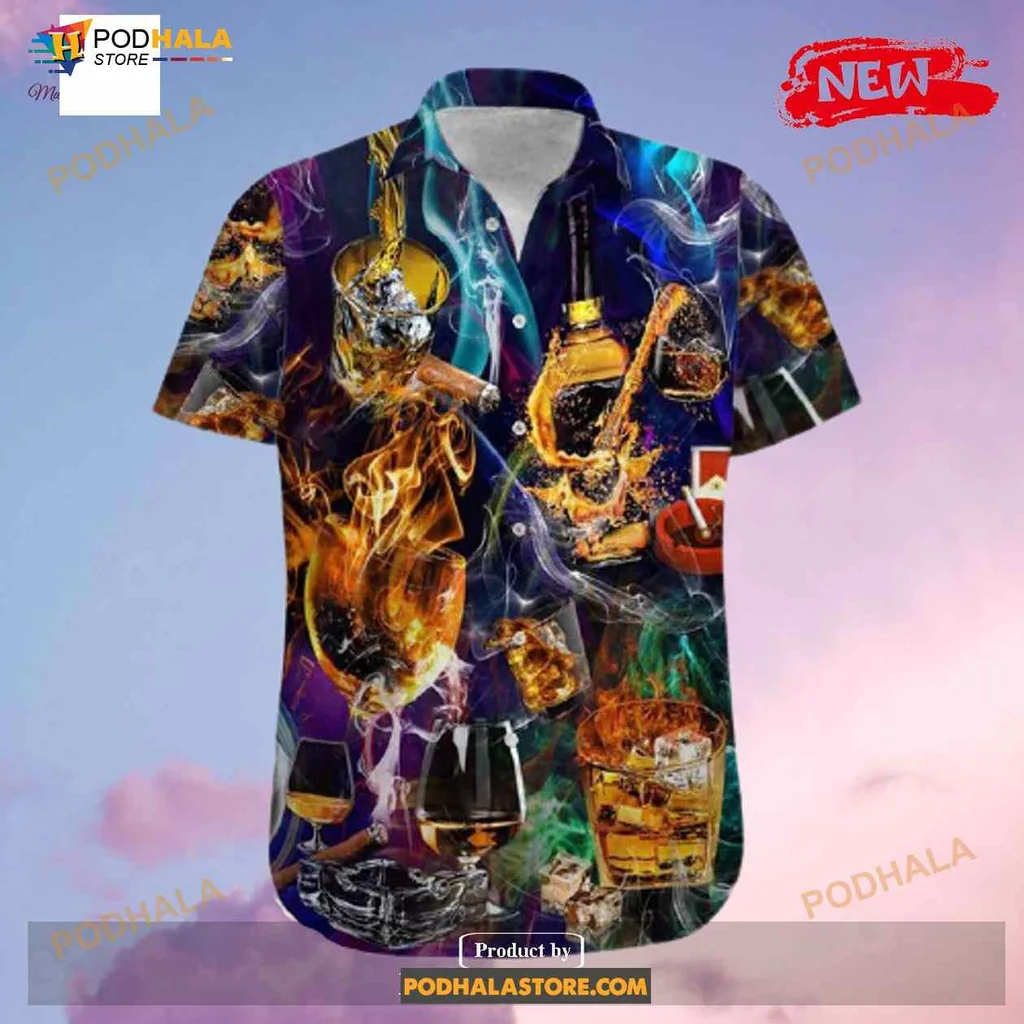 Whisky Summer Hawaiian Shirt With Vibrant Flames And Colorful Design