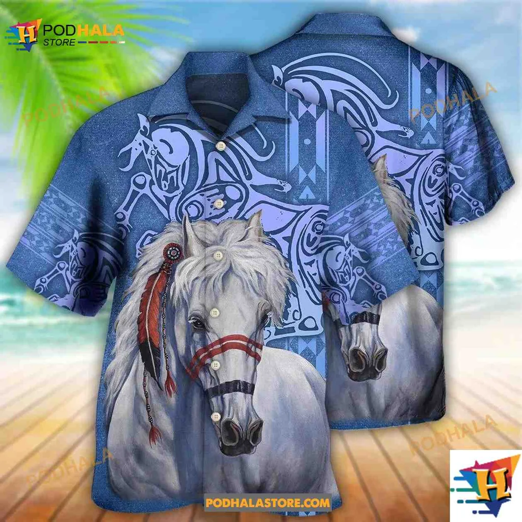 White Horse Aloha Shirt With Abstract Patterns And Cultural Feathers
