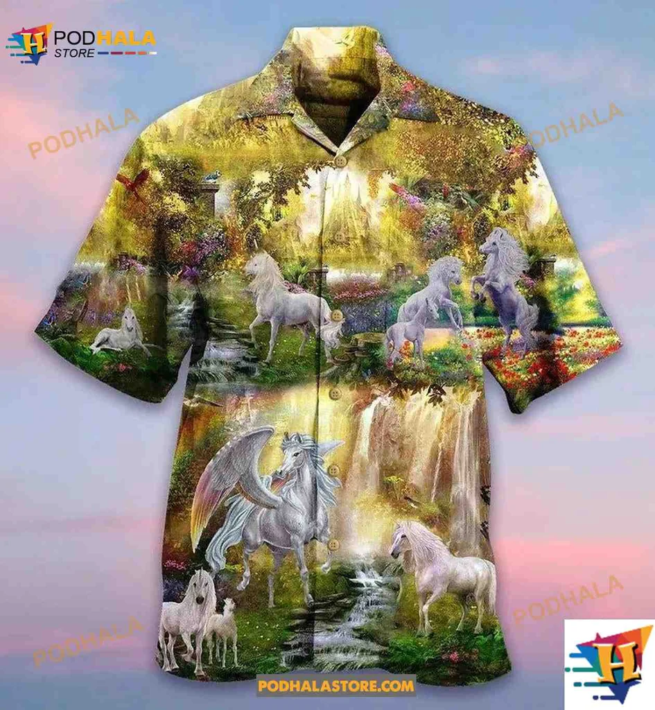 White Horse Fantasy Aloha Shirt, Enchanting Unicorn Design White Horse Fantasy Aloha Shirt, Enchanting Unicorn Design