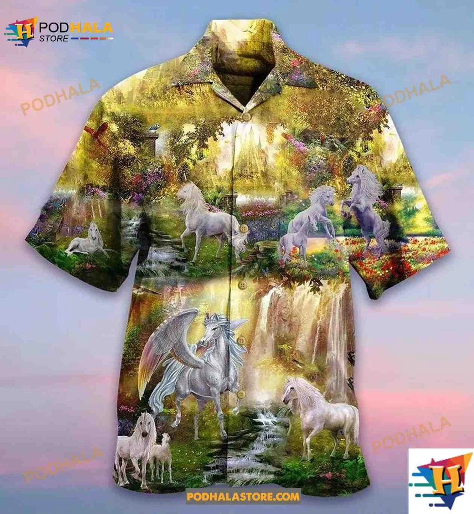White Horse Fantasy Hawaiian Shirt With Lush Idyllic Landscape Design