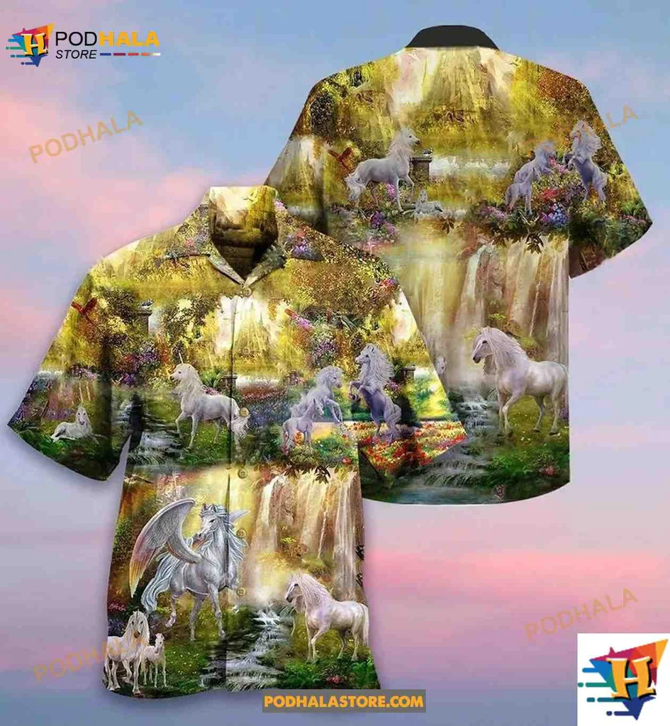 White Horse Fantasy Aloha Shirt With Lush Idyllic Landscape Design White Horse Fantasy Aloha Shirt With Lush Idyllic Landscape Design