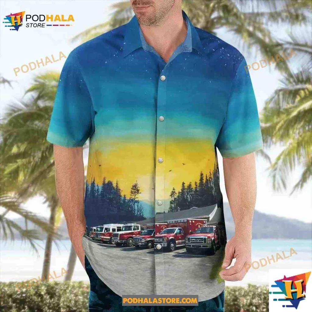 White Horse Fire Company Tropical Shirt With Vibrant Fire Truck Design White Horse Fire Company Tropical Shirt With Vibrant Fire Truck Design