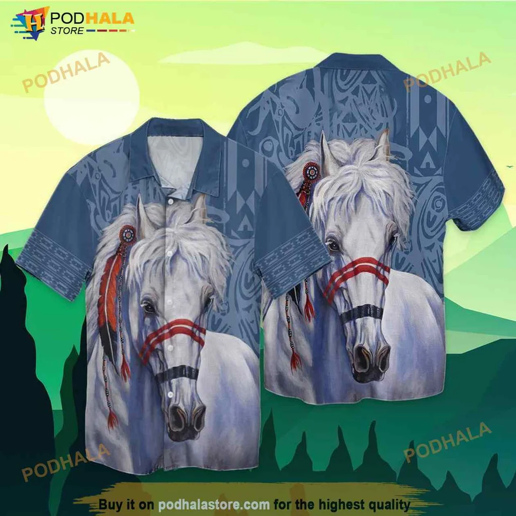 White Horse Hawaiian Shirt With Tribal Markings And Bohemian Style