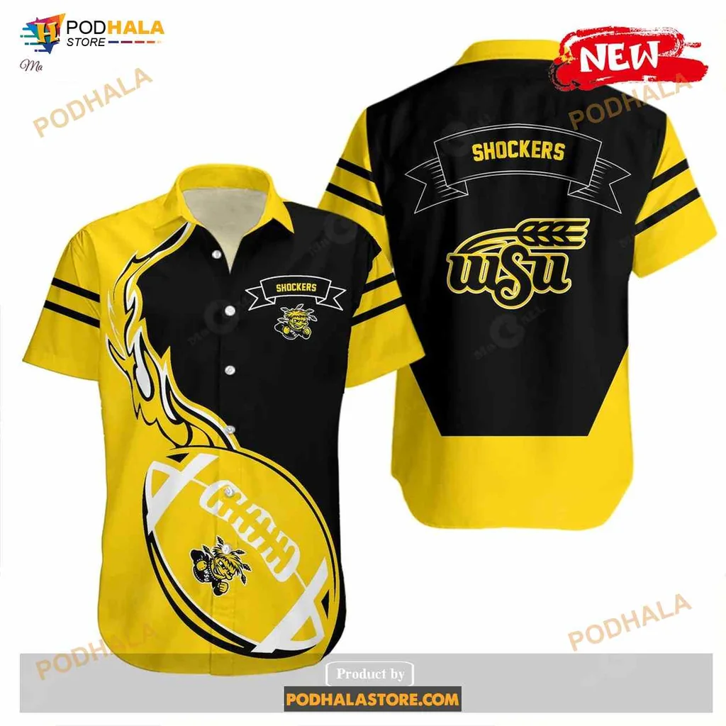 Wichita State Shockers Hawaiian Shirt With Flame Football Design