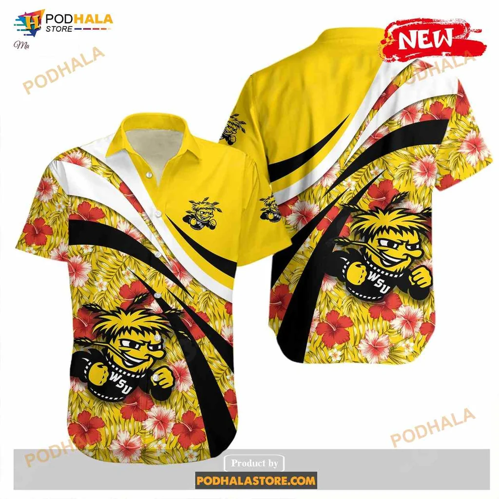 Wichita State Shockers Hawaiian Shirt With Hibiscus Flowers And Mascot Design