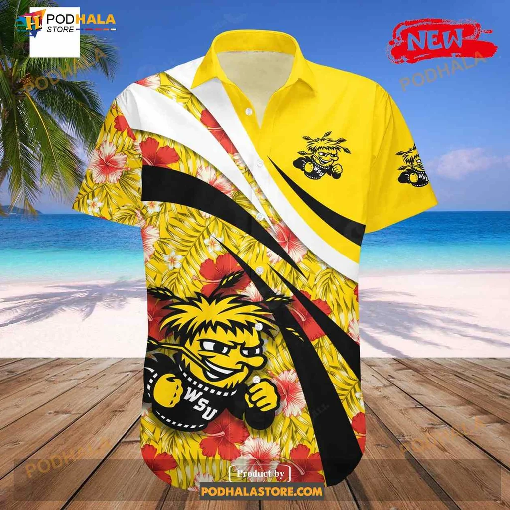 Wichita State Shockers Aloha Shirt With Hibiscus Flowers And Mascot Design Wichita State Shockers Aloha Shirt With Hibiscus Flowers And Mascot Design