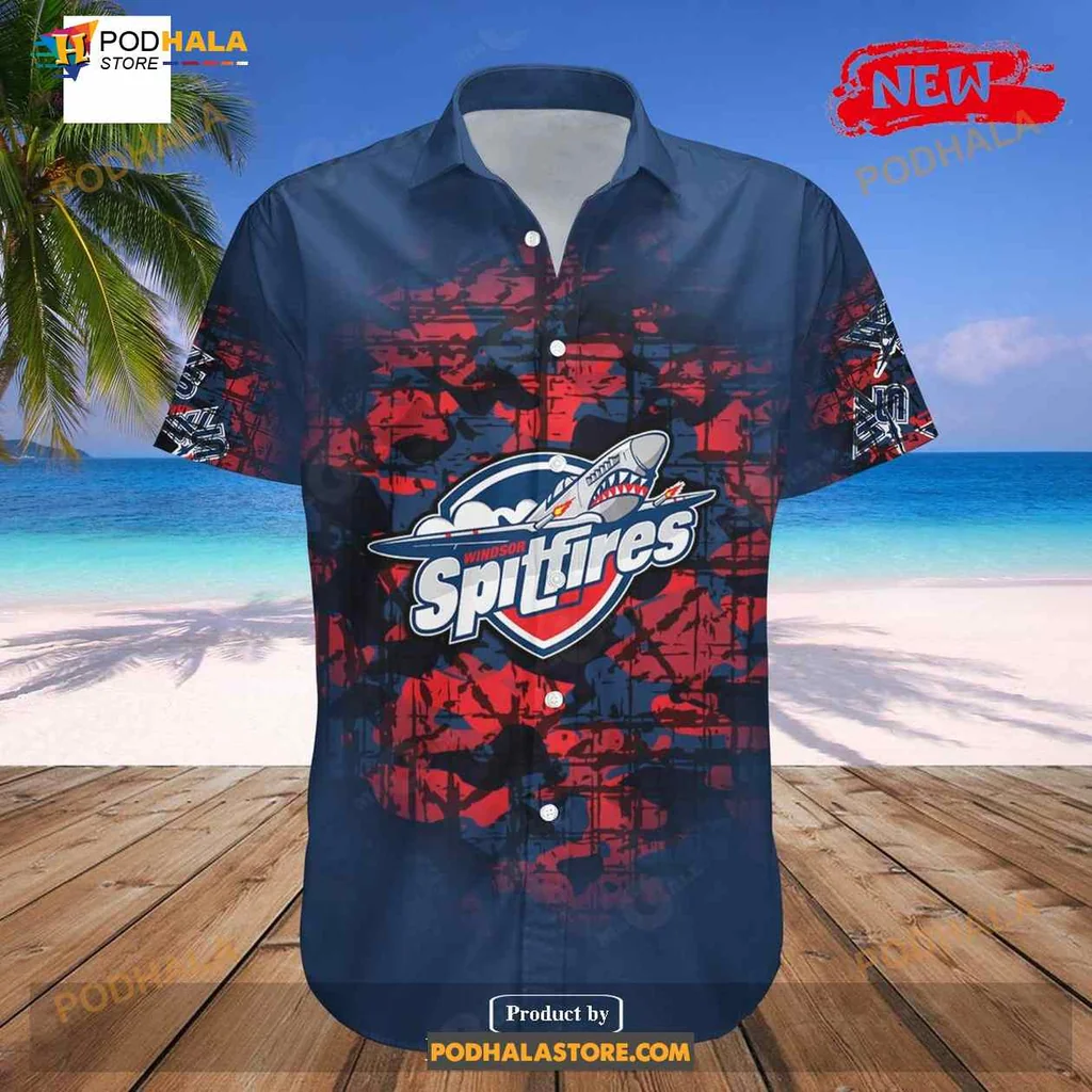 Windsor Spitfires Camouflage Hawaiian Shirt With Vintage Hockey Design