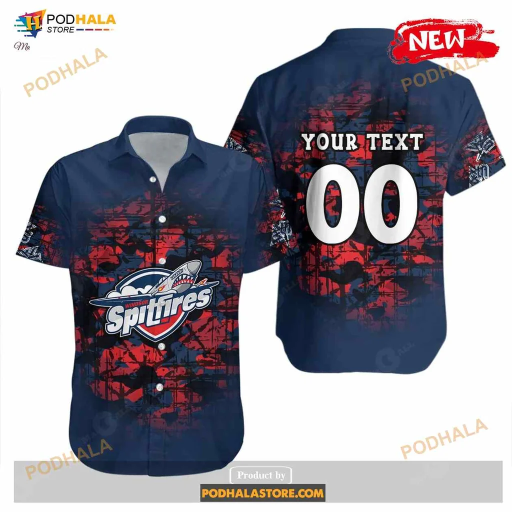 Windsor Spitfires Camouflage Aloha Shirt With Vintage Hockey Design Windsor Spitfires Camouflage Aloha Shirt With Vintage Hockey Design