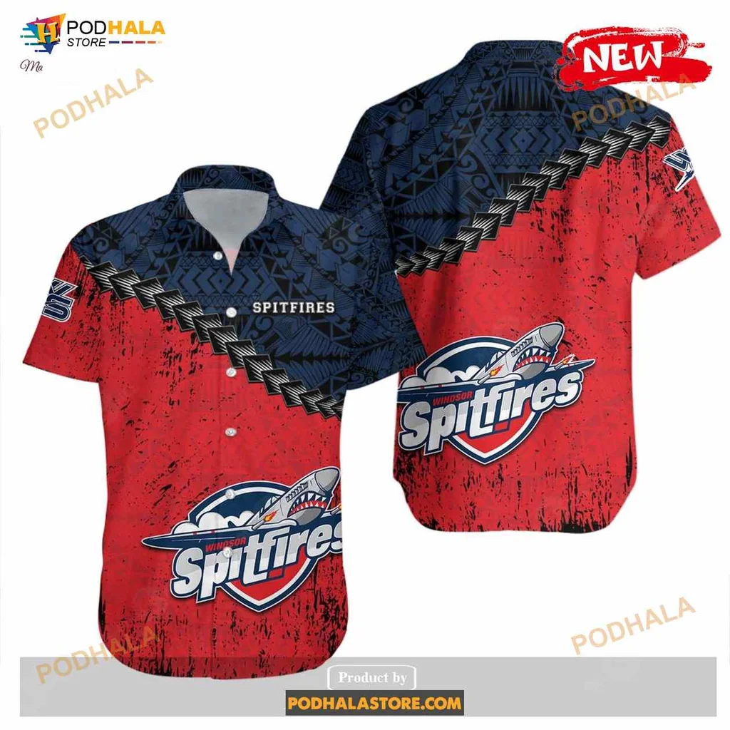 Windsor Spitfires Hockey Hawaiian Shirt With Grunge Polynesian Design