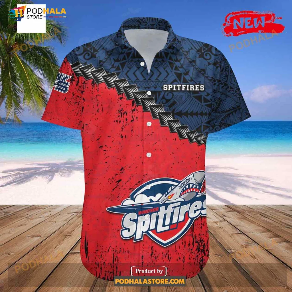 Windsor Spitfires Hockey Aloha Shirt With Grunge Polynesian Design Windsor Spitfires Hockey Aloha Shirt With Grunge Polynesian Design