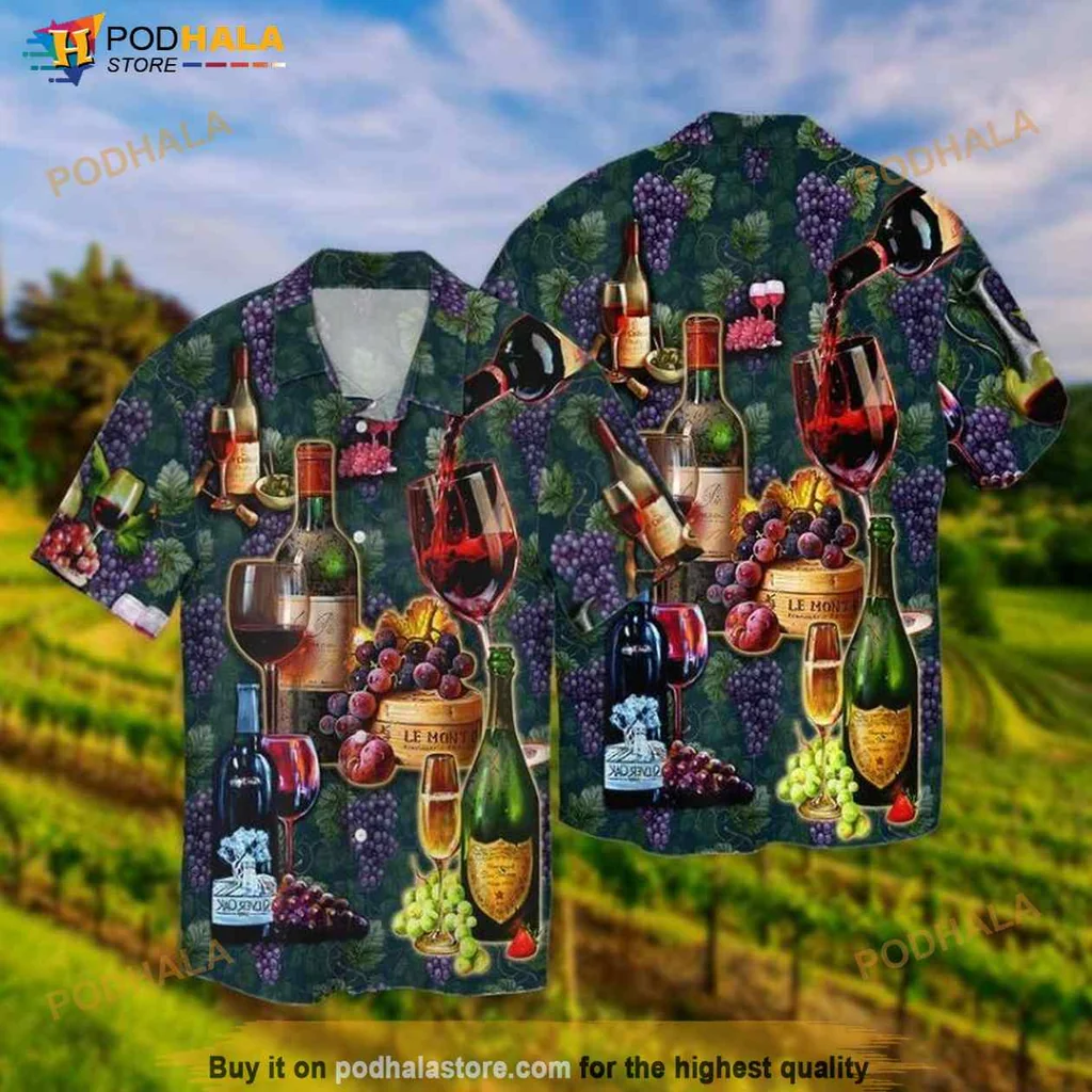 Wine Lover Hawaiian Shirt With Colorful Wine Bottles And Grapes Design
