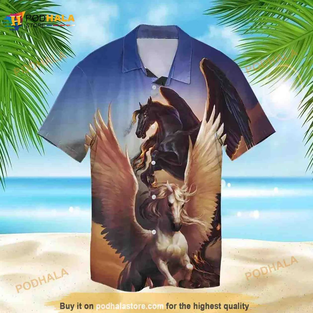 Winged Horses Hawaiian Shirt With Dynamic Black And White Design