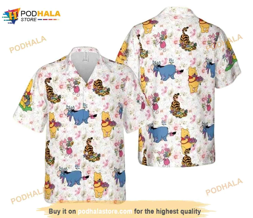 Winnie The Pooh Floral Hawaiian Shirt Featuring Pooh Bear, Tigger, Eeyore