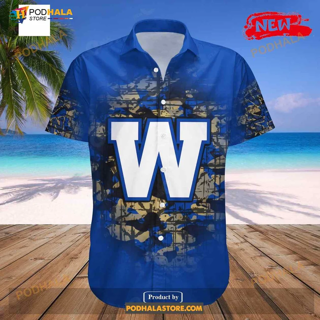 Winnipeg Blue Bombers Camouflage Hawaiian Shirt With Bold Letter W