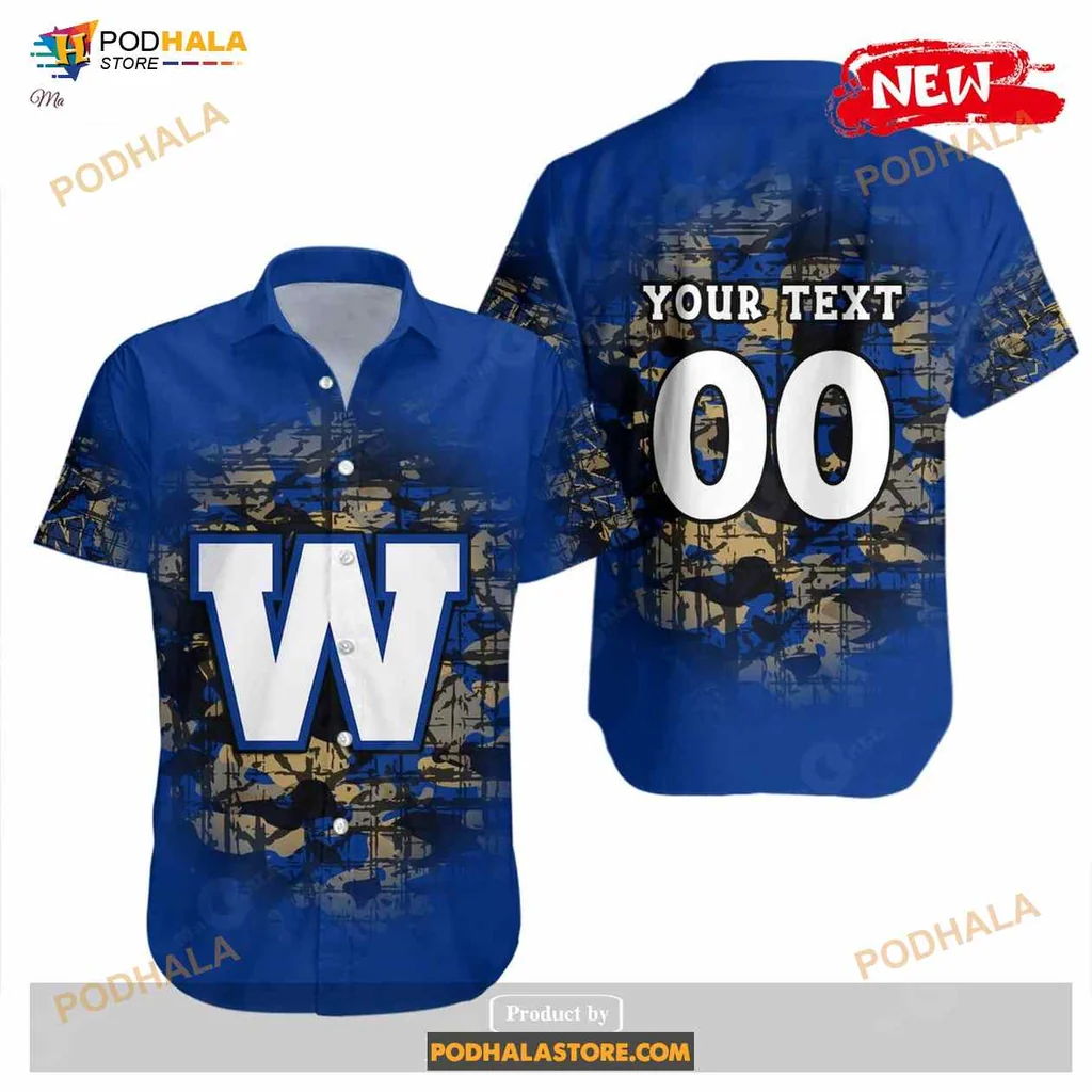 Winnipeg Blue Bombers Camouflage Aloha Shirt With Bold Letter W Winnipeg Blue Bombers Camouflage Aloha Shirt With Bold Letter W