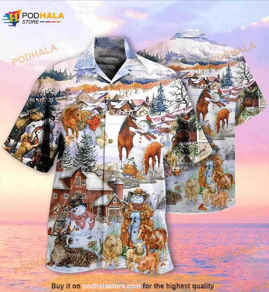 Winter Farm Horses Hawaiian Shirt With Cozy Holiday Scene
