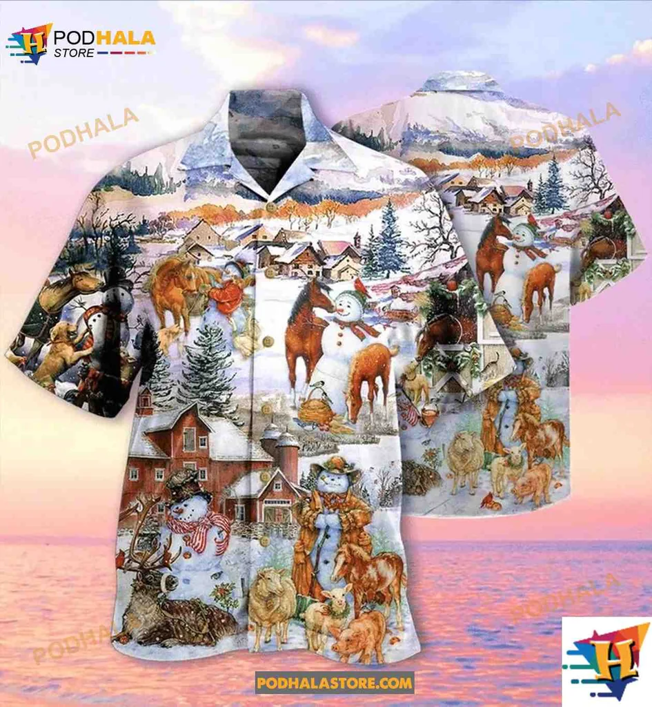 Winter Horses Farm Hawaiian Shirt Featuring Festive Holiday Design