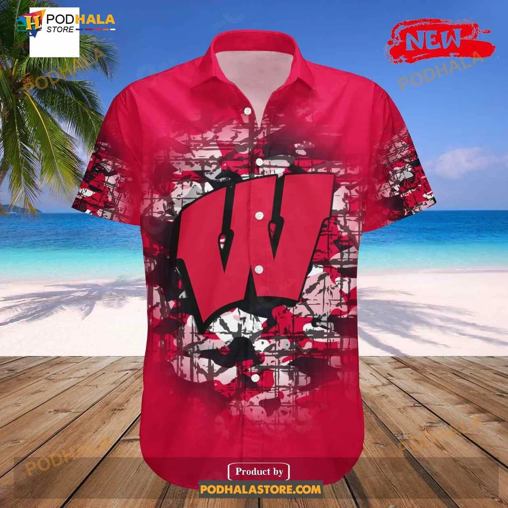 Wisconsin Badgers Camouflage Hawaiian Shirt With Vintage W Emblem