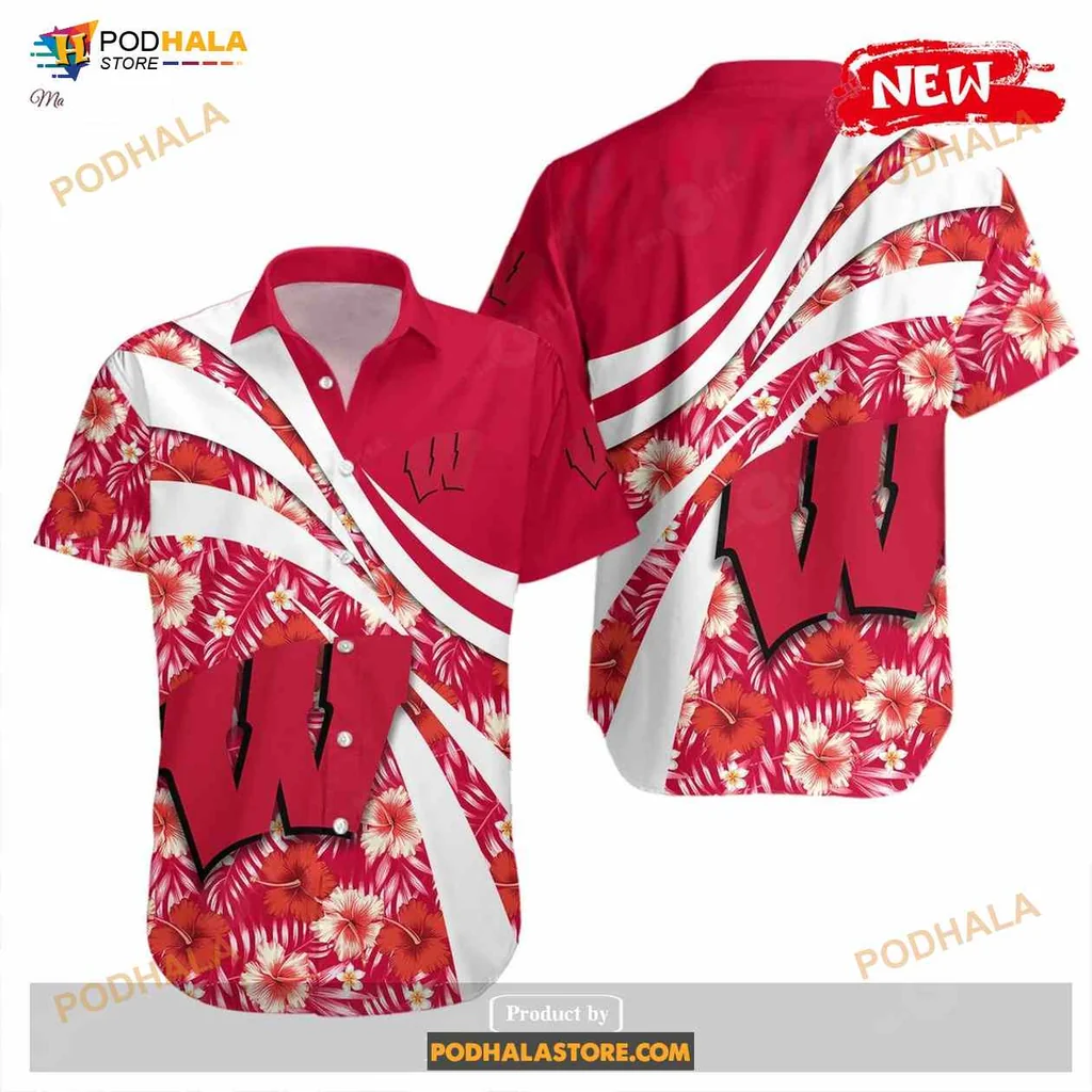 Wisconsin Badgers Hibiscus Hawaiian Shirt With Vibrant Floral Design