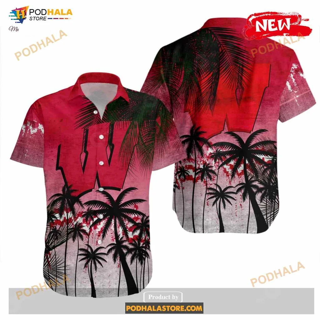 Wisconsin Badgers Tropical Hawaiian Shirt With Palm Trees And Grunge Effect