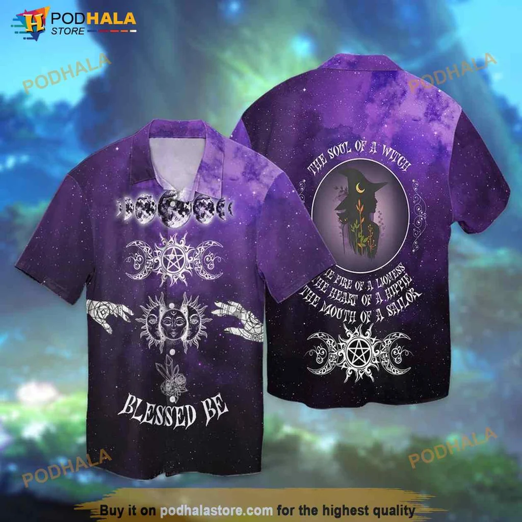 Witchcraft Celestial Hawaiian Shirt With Blessed Be Design And Moon Illustration