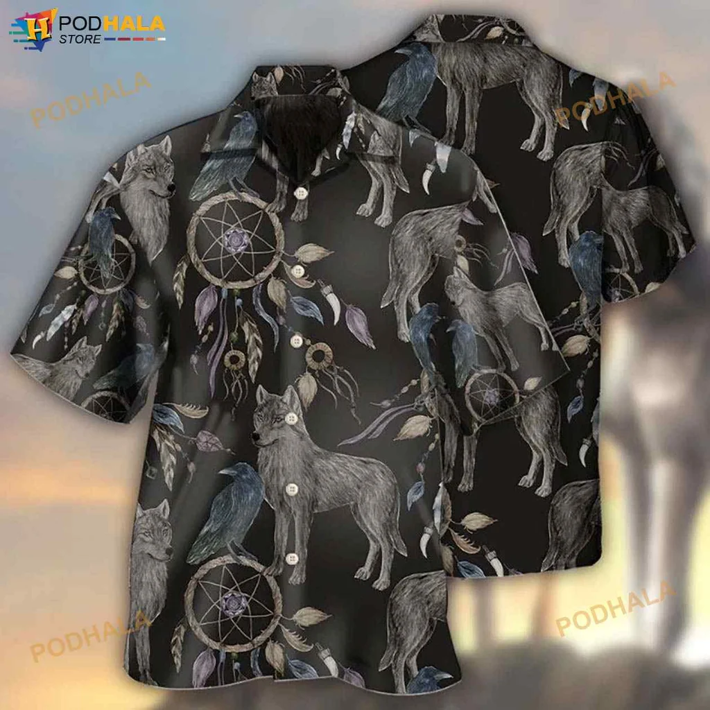 Wolf Dreamcatcher Hawaiian Shirt With Realistic Wolves And Mystical Feathers