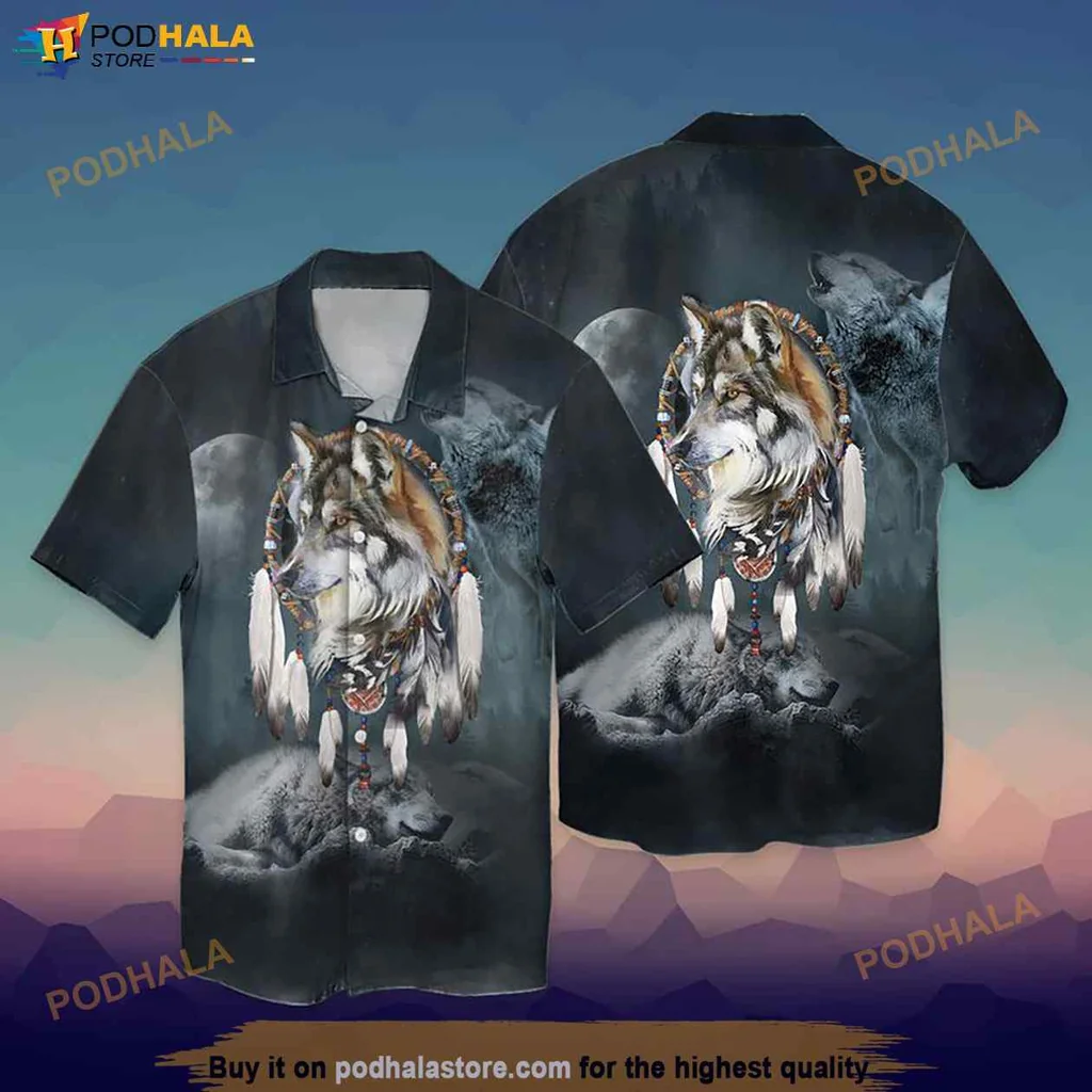 Wolf Graphic Hawaiian Shirt, Native Hawaiian Wolf Design With Feathers And Dreamcatcher Elements