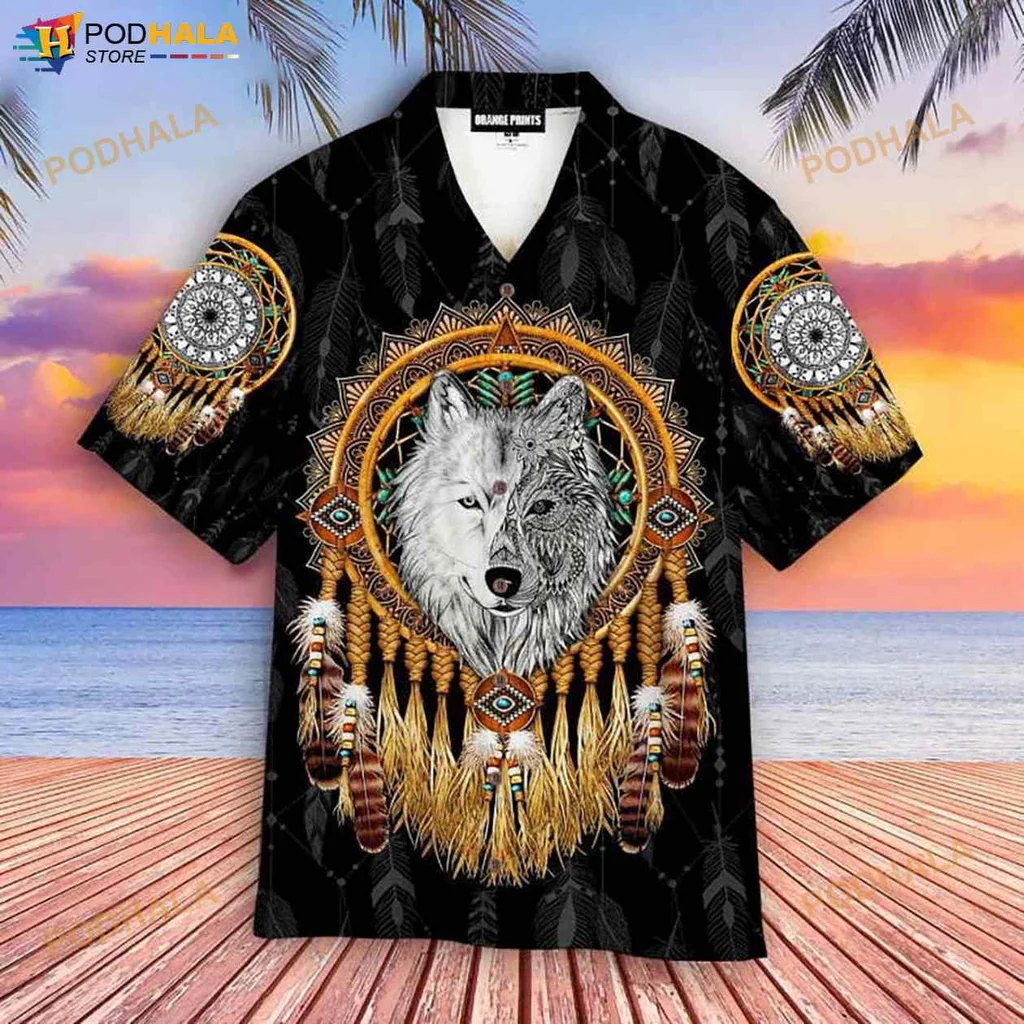 Wolf Mandala Dreamcatcher Hawaiian Shirt With Vibrant Geometric Patterns
