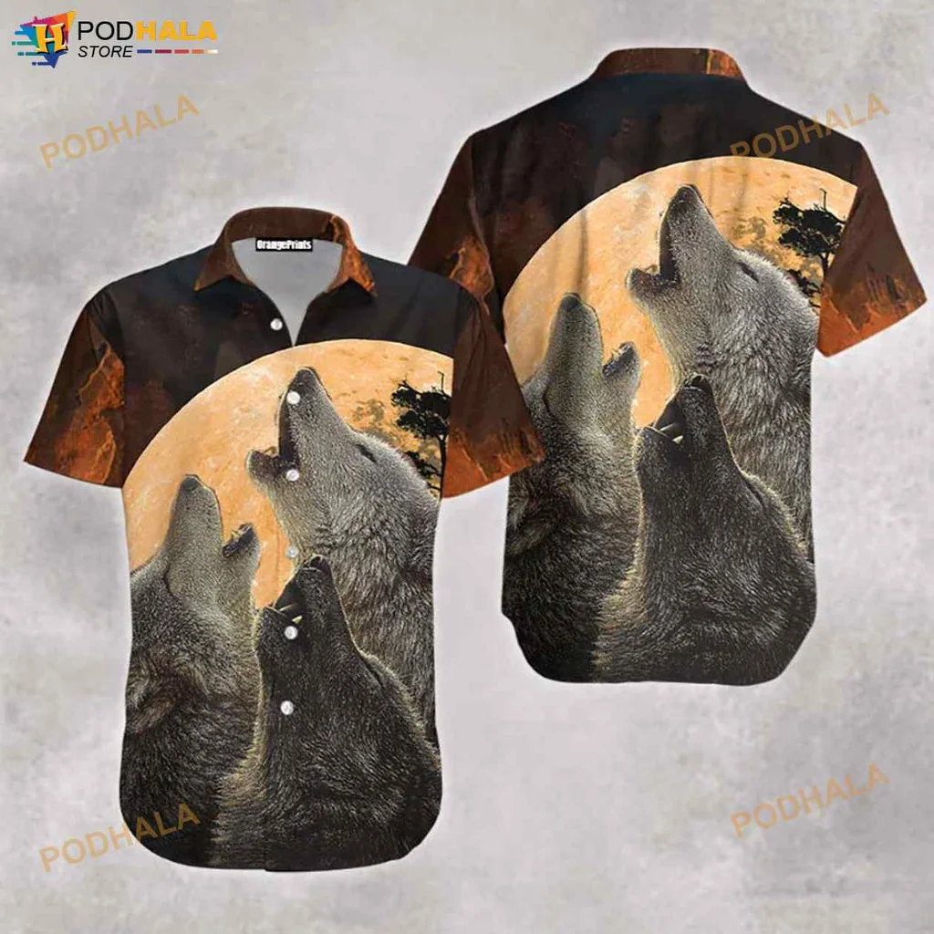 Wolf Moon Vintage Hawaiian Shirt Featuring Howling Wolves And Glowing Moon
