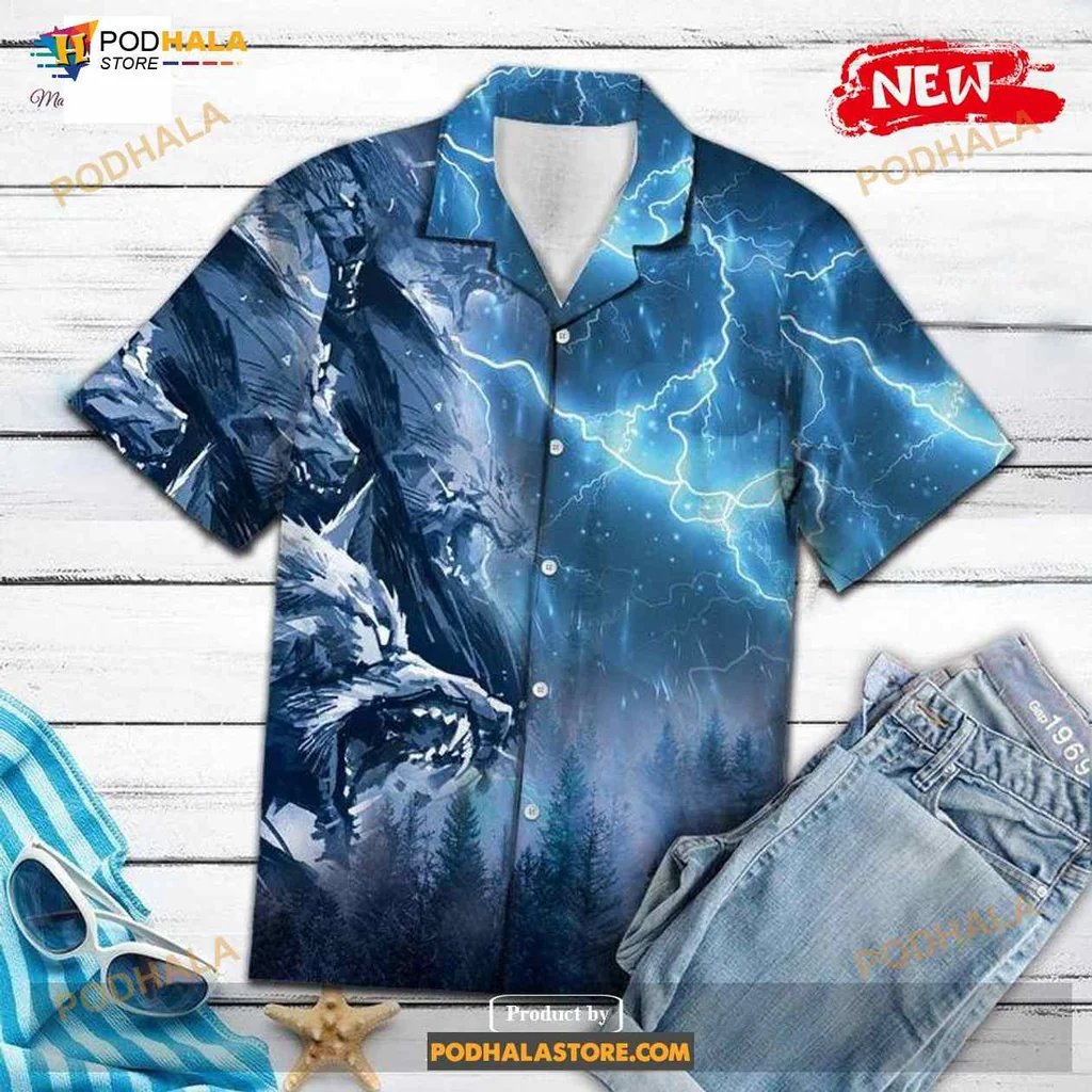 Wolves Storm Hawaiian Shirt With Dramatic Lightning Design