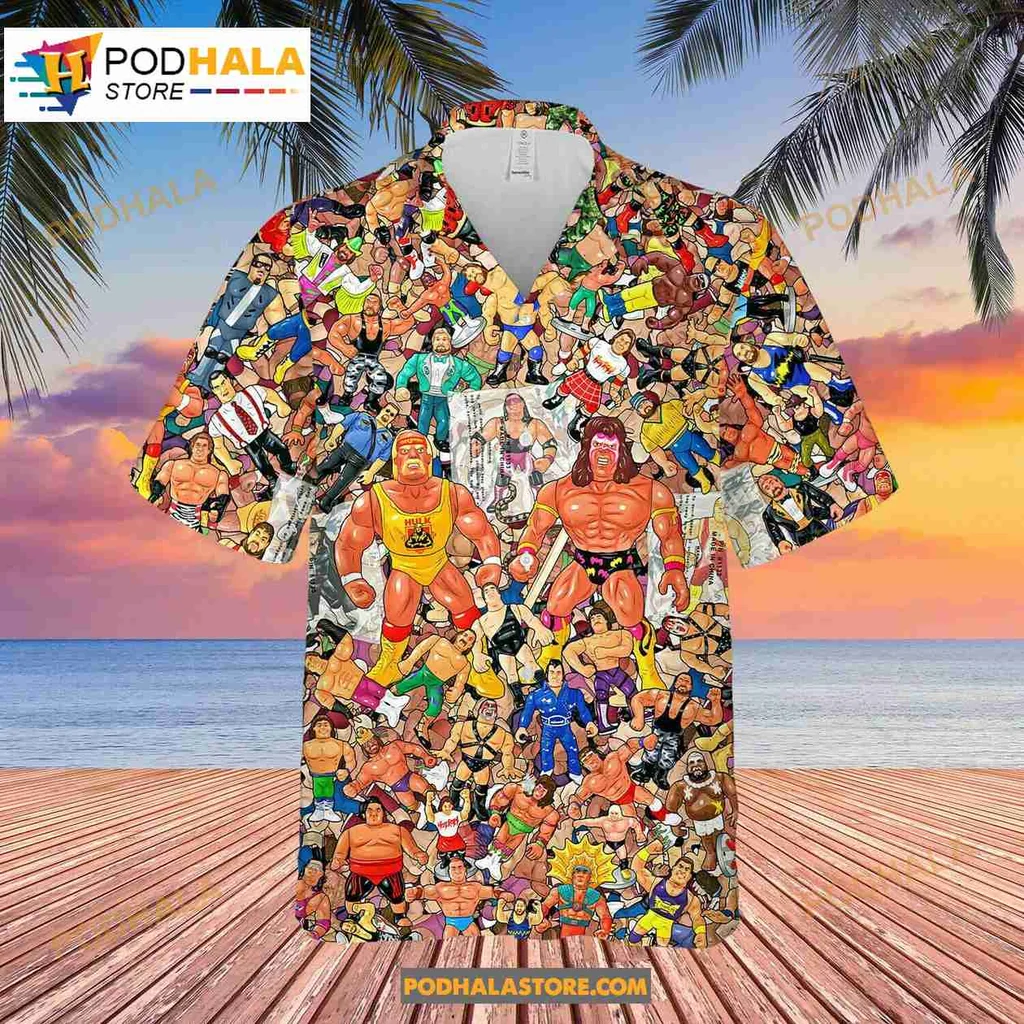 Wrestling Character Collage Hawaiian Shirt Featuring Colorful Illustrations